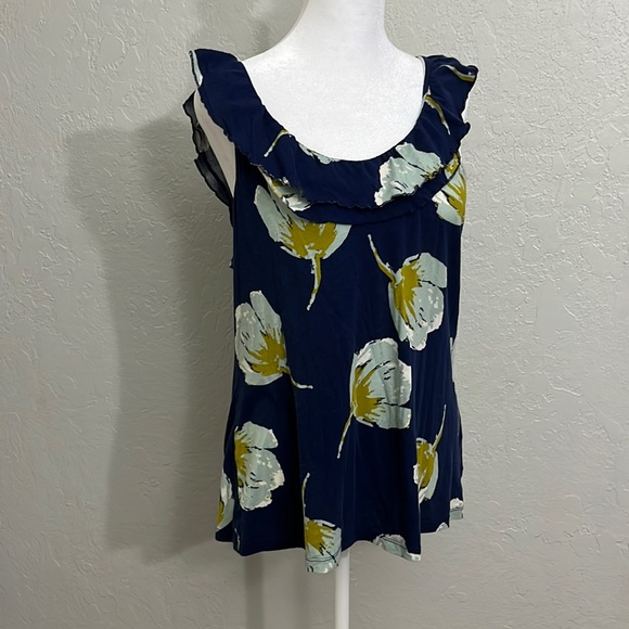 Old Navy navy floral tank top with ruffles neckline large - Picture 1 of 10